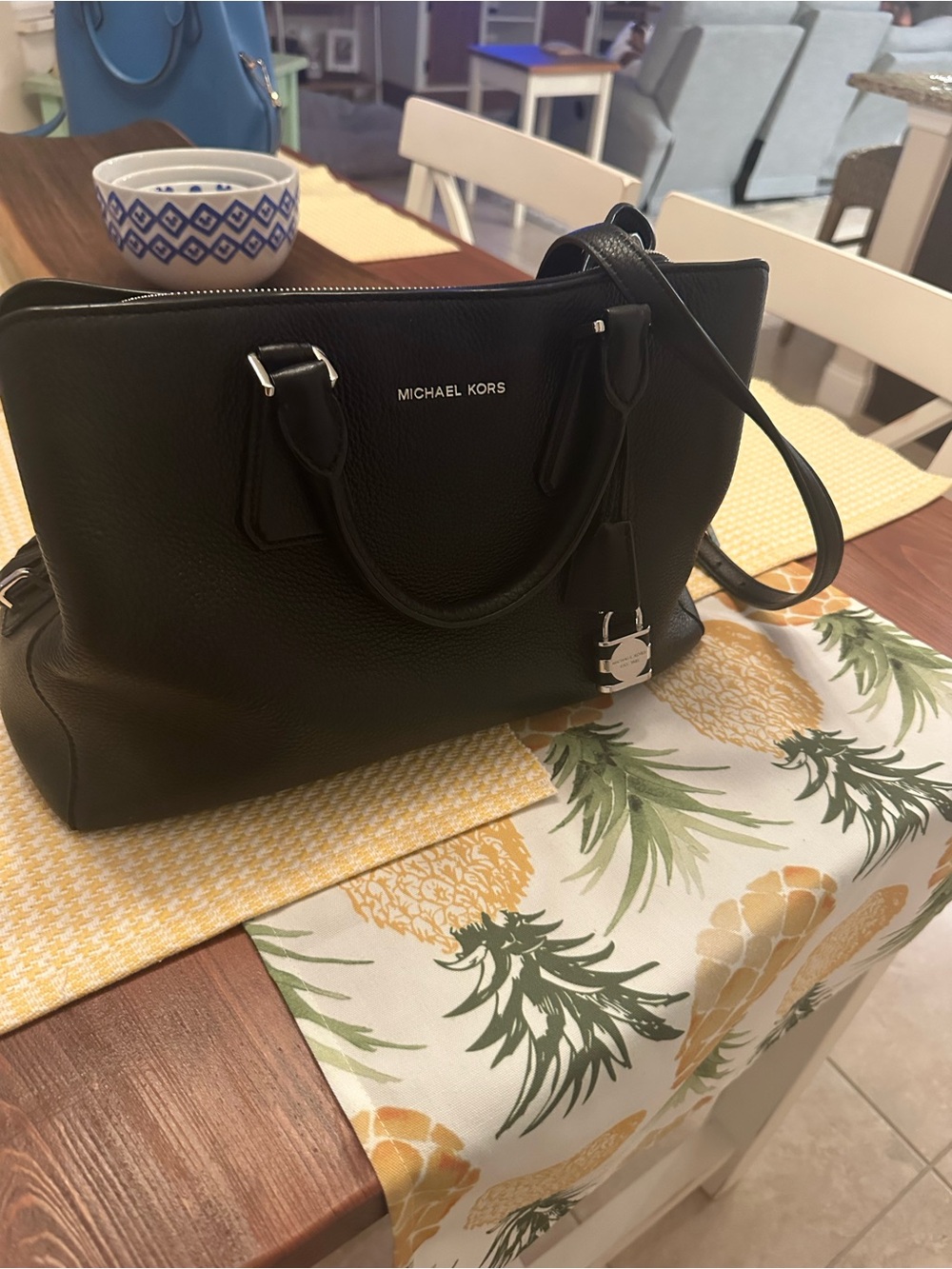 Michael Kors Black Pebbled Leather Satchel with Silver Hardware